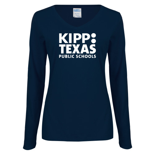 Womens Navy Long Sleeve V Neck Tee-KIPP Texas Stacked Logo