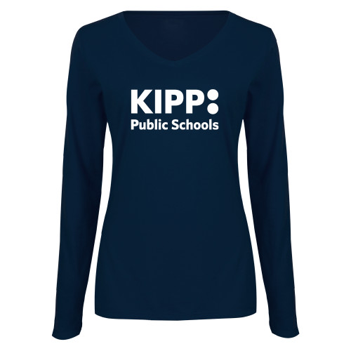 Womens Navy Long Sleeve V Neck Tee-KIPP Public Schools