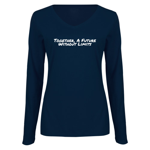 Womens Navy Long Sleeve V Neck Tee-Tagline