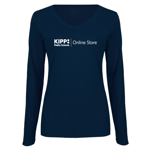 Womens Navy Long Sleeve V Neck Tee-Online Store