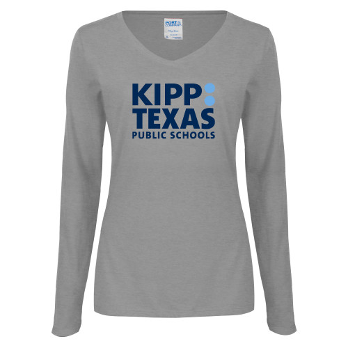 Womens Grey Long Sleeve V Neck Tee -KIPP Texas Stacked Logo