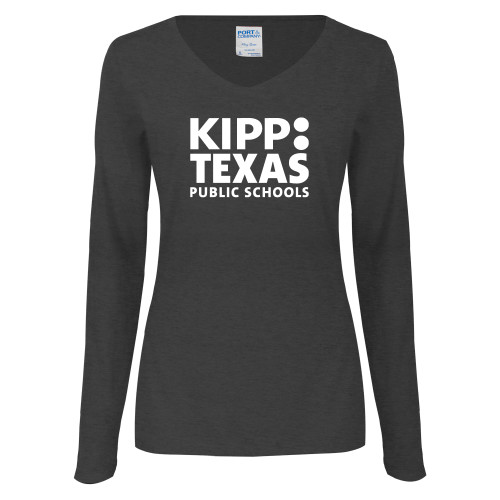 Womens Dark Heather Long Sleeve V Neck Tee -KIPP Texas Stacked Logo