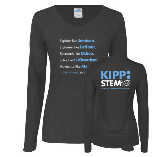 Womens Dark Heather Long Sleeve V Neck Tee -STEM2 Front