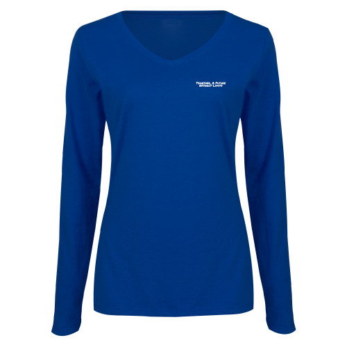 Womens Royal Long Sleeve V Neck Tee -Tagline