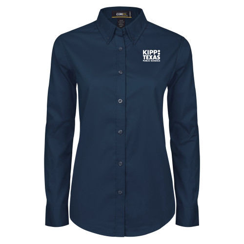 Womens Navy Twill Button Down Long Sleeve -KIPP Texas Stacked Logo
