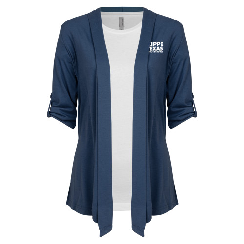 Womens Navy Drape Front Cardigan Sweater -KIPP Texas Stacked Logo