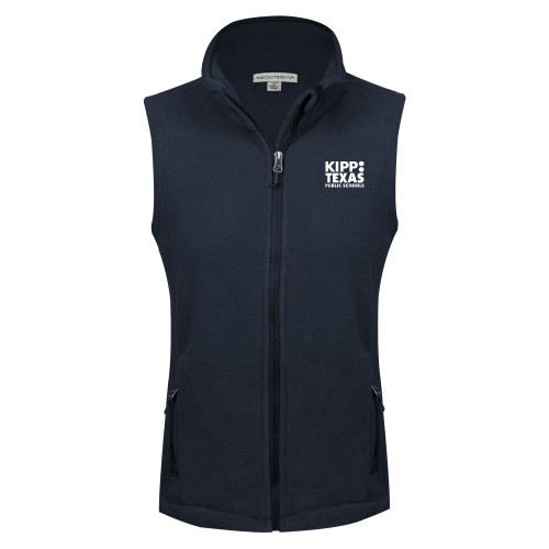 Womens Navy Fleece Full Zip Vest-KIPP Texas Stacked Logo