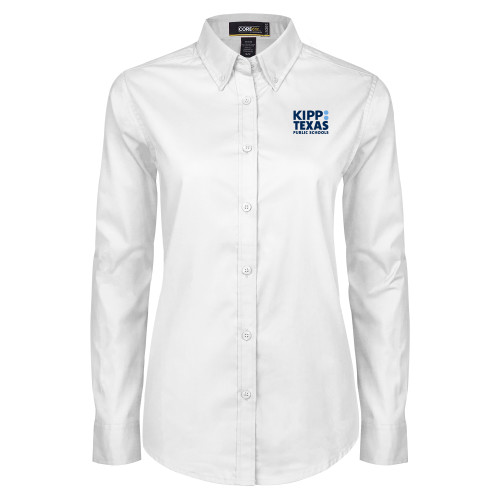 Womens White Twill Button Down Long Sleeve-KIPP Texas Stacked Logo