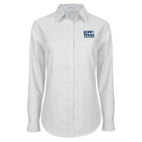 Womens White Oxford Shirt-KIPP Texas Stacked Logo