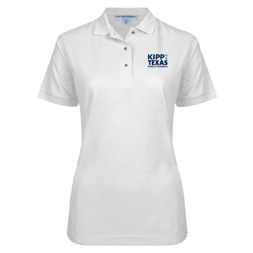 Womens Silk Touch White Pique Polo-KIPP Texas Stacked Logo