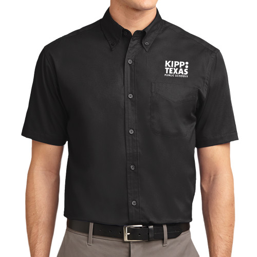 Black Twill Button Down Short Sleeve-KIPP Texas Stacked Logo