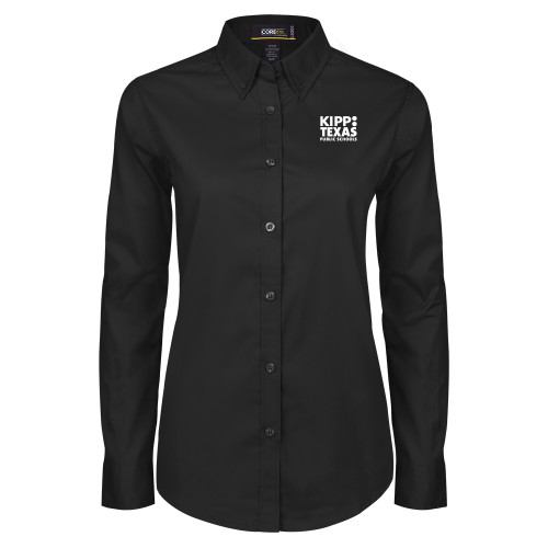 Womens Black Twill Button Down Long Sleeve -KIPP Texas Stacked Logo