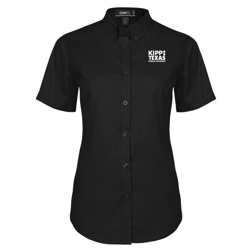 Womens Black Twill Button Up Short Sleeve-KIPP Texas Stacked Logo