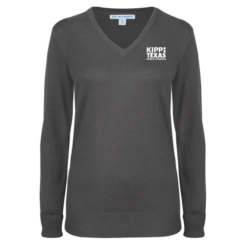 Womens Charcoal Heather VNeck Sweater-KIPP Texas Stacked Logo