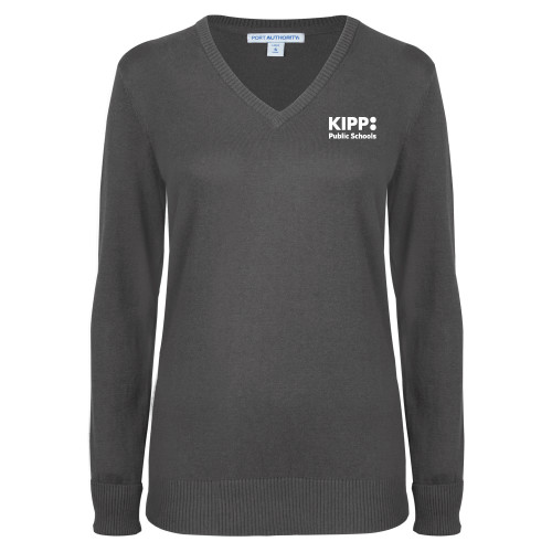 Womens Charcoal Heather VNeck Sweater-KIPP Public Schools