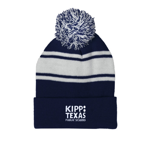 Navy/White Two Tone Knit Pom Beanie w/Cuff-KIPP Texas Stacked Logo