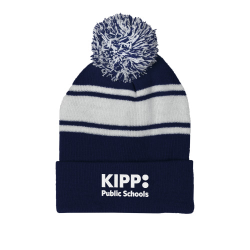 Navy/White Two Tone Knit Pom Beanie w/Cuff-KIPP Public Schools