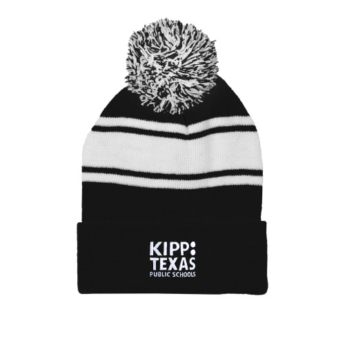 Black/White Two Tone Knit Pom Beanie w/Cuff-KIPP Texas Stacked Logo