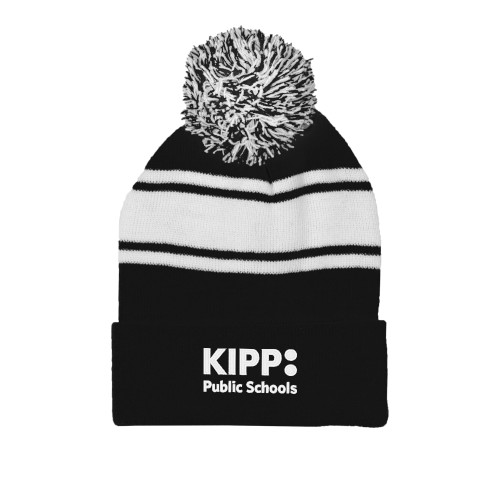 Black/White Two Tone Knit Pom Beanie w/Cuff-KIPP Public Schools