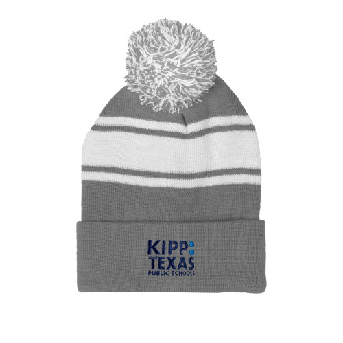 Grey/White Two Tone Knit Pom Beanie w/Cuff-KIPP Texas Stacked Logo