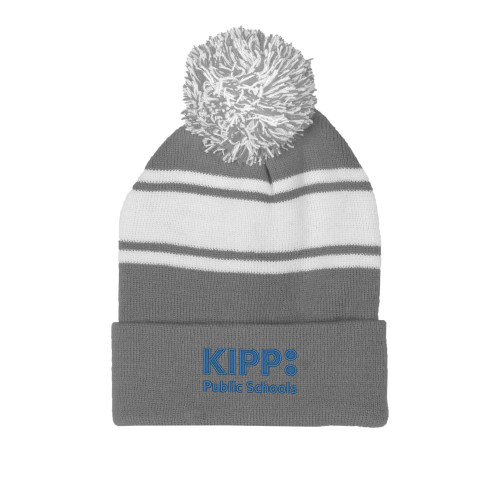 Grey/White Two Tone Knit Pom Beanie w/Cuff-KIPP Public Schools