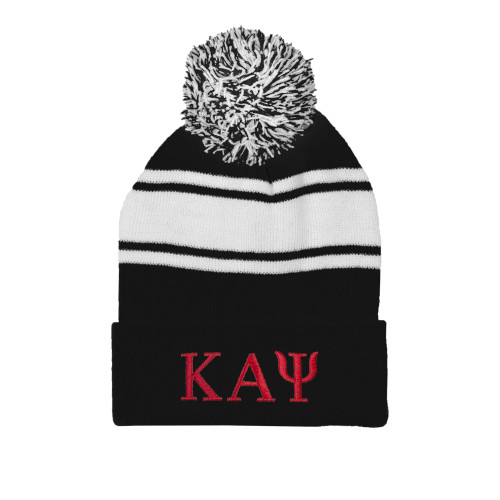 Black/White Two Tone Knit Pom Beanie w/Cuff-Greek Letters
