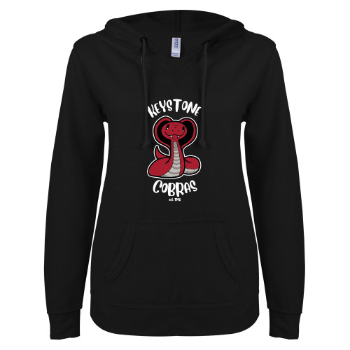  ENZA Womens Black V Notch Raw Edge Fleece Hoodie - The Little School of Keystone - Cobras