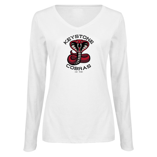  Womens White Long Sleeve V Neck Tee - Athletic Mark