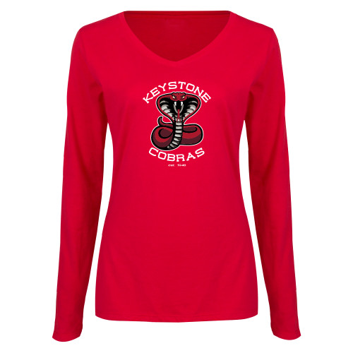  Womens Red Long Sleeve V Neck Tee - Athletic Mark