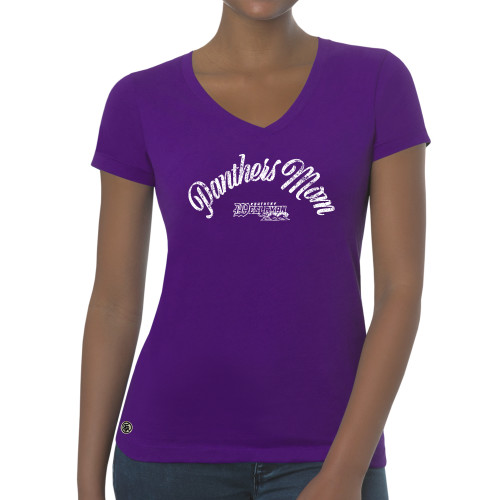  Fall Rush Ladies Purple V Neck Tee - Panthers Mom distressed