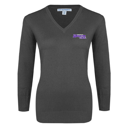  Womens Charcoal Heather VNeck Sweater - Primary Logo