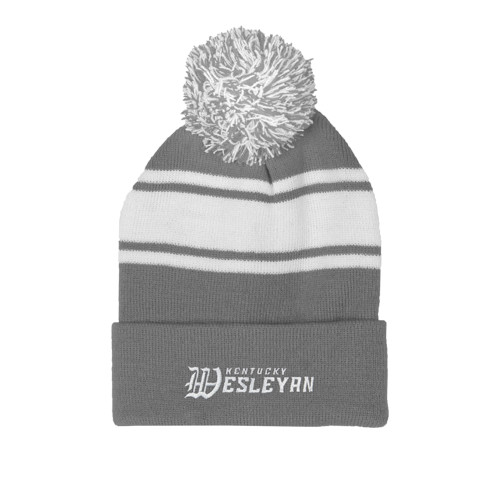  Grey/White Two Tone Knit Pom Beanie w/Cuff - Kentucky Wesleyan
