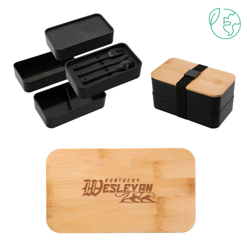  Stackable Bamboo Fiber Black Bento Box - Primary Logo Engraved