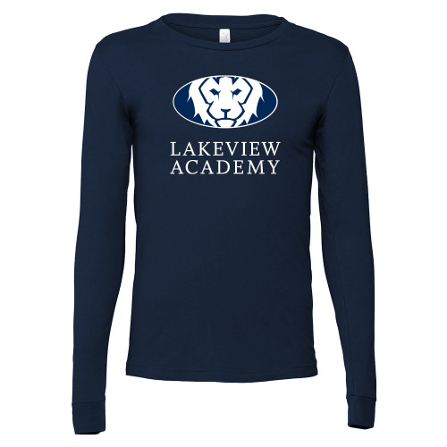  Bella + Canvas Navy Jersey Cotton Long Sleeve T Shirt - Lakeview Academy w Oval Lion Stacked