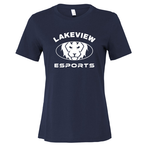  Bella + Canvas Womens Navy Relaxed Cotton T Shirt - Lakeview Esports w Oval Lion