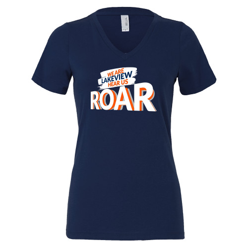  Bella + Canvas Womens Navy V Neck Cotton T Shirt - We Are Lakeview Hear Us Roar