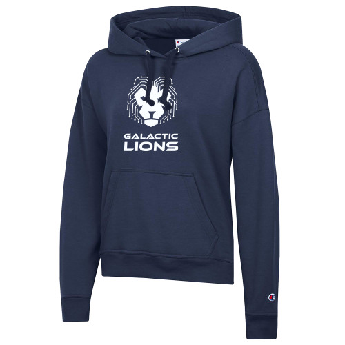  Champion Womens Navy Powerblend Pullover Hood - LA Robotics - Galactic Lions Vertical