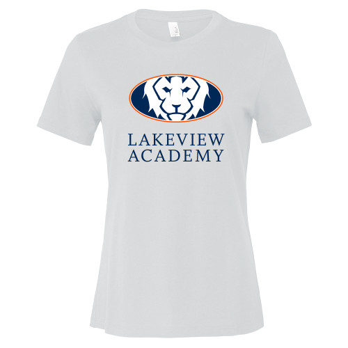  Bella + Canvas Womens White Relaxed Cotton T Shirt - Lakeview Academy w Oval Lion Stacked