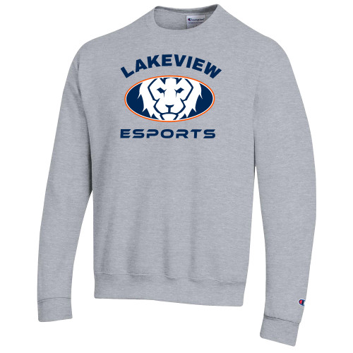  Champion Heather Grey Fleece Crew - Lakeview Esports w Oval Lion
