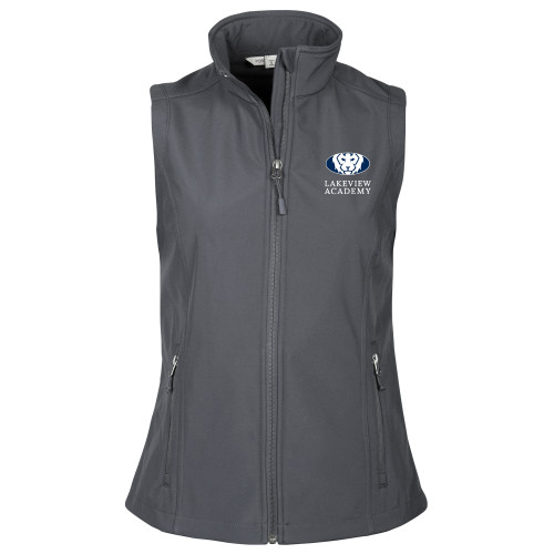  Womens Charcoal Core Softshell Vest - Lakeview Academy w Oval Lion Stacked