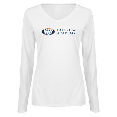  Womens White Long Sleeve V Neck Tee - Lakeview Academy w Oval Lion Horizontal