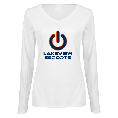  Womens White Long Sleeve V Neck Tee - Lakeview Esports Power Button