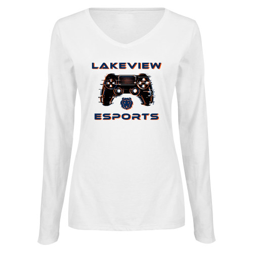  Womens White Long Sleeve V Neck Tee - Lakeview Esports Controller