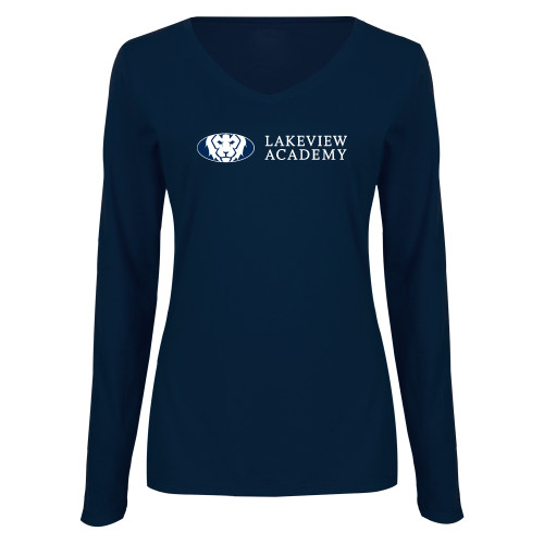  Womens Navy Long Sleeve V Neck Tee - Lakeview Academy w Oval Lion Horizontal
