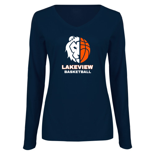  Womens Navy Long Sleeve V Neck Tee - Half Lion Lakeview Basketball
