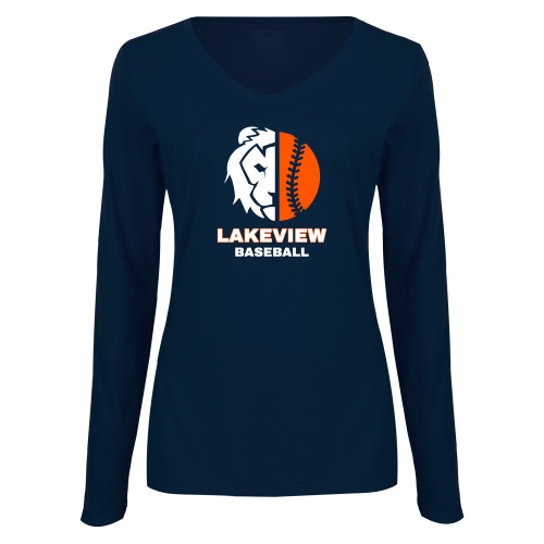  Womens Navy Long Sleeve V Neck Tee - Half Lion Lakeview Baseball