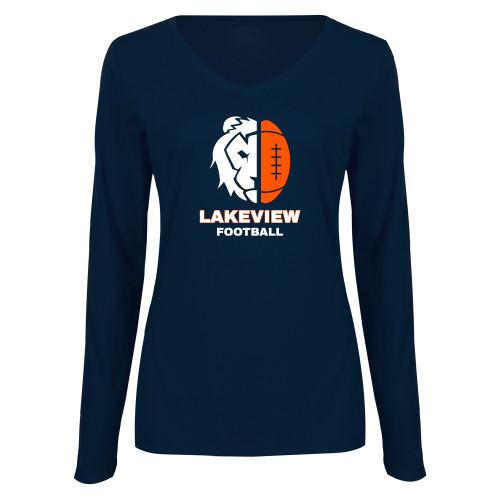  Womens Navy Long Sleeve V Neck Tee - Half Lion Lakeview Football