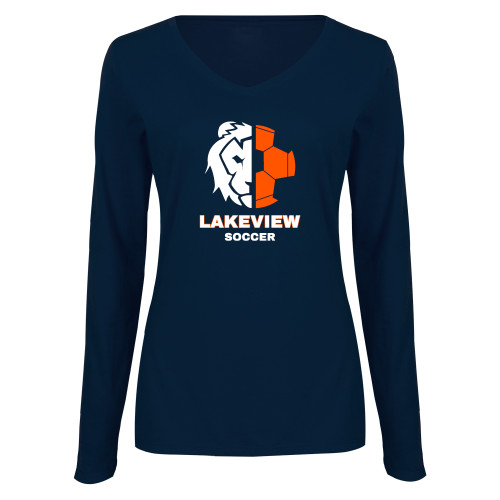  Womens Navy Long Sleeve V Neck Tee - Half Lion Lakeview Soccer