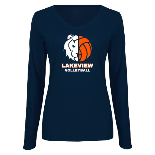  Womens Navy Long Sleeve V Neck Tee - Half Lion Lakeview Volleyball