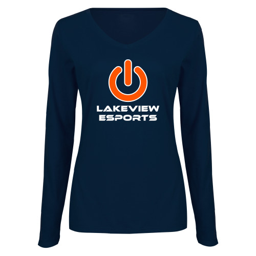  Womens Navy Long Sleeve V Neck Tee - Lakeview Esports Power Button